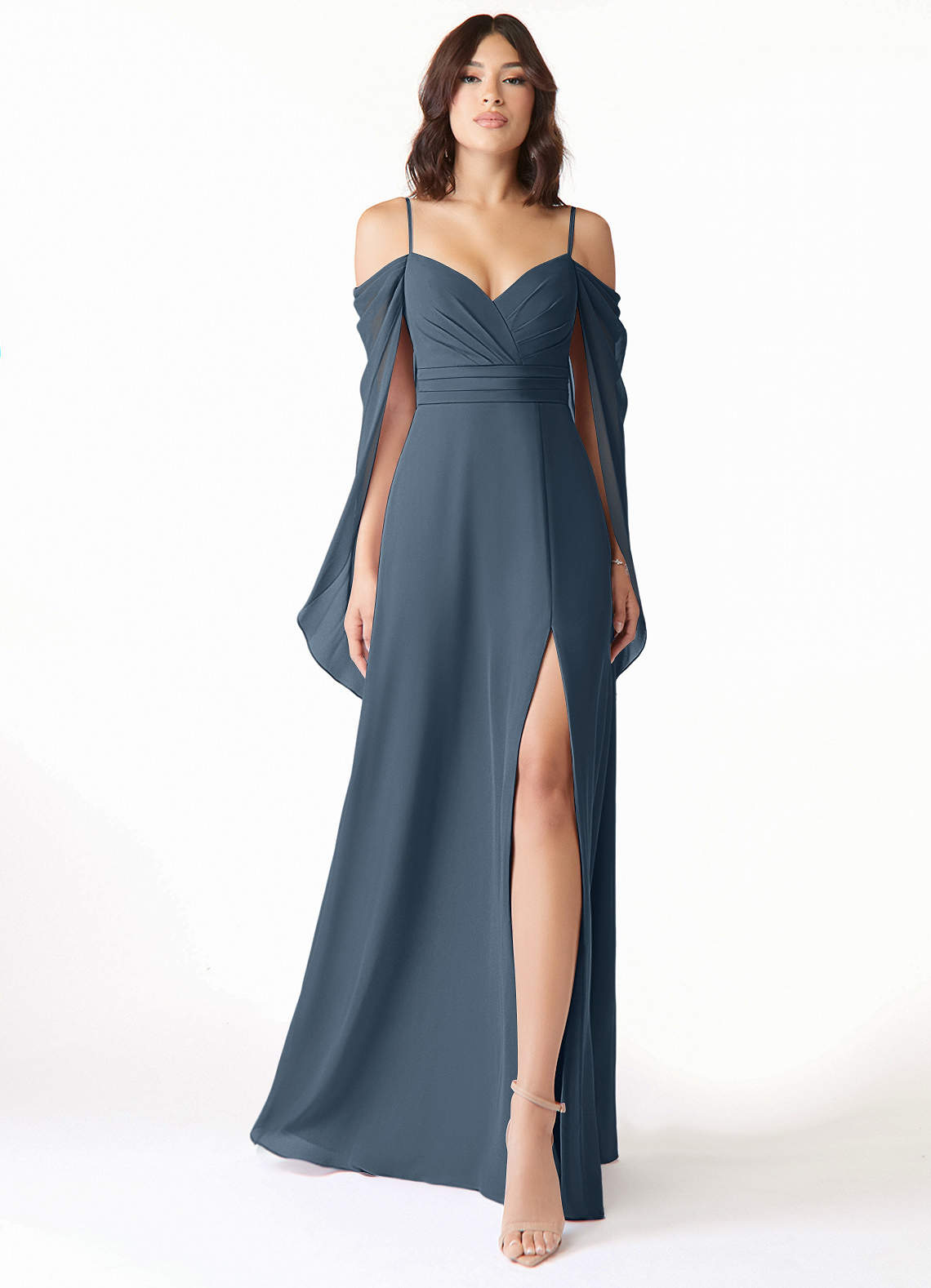 Azazie Cienna Bridesmaid Dresses Neptune A-Line Off the Shoulder Chiffon Dress image1