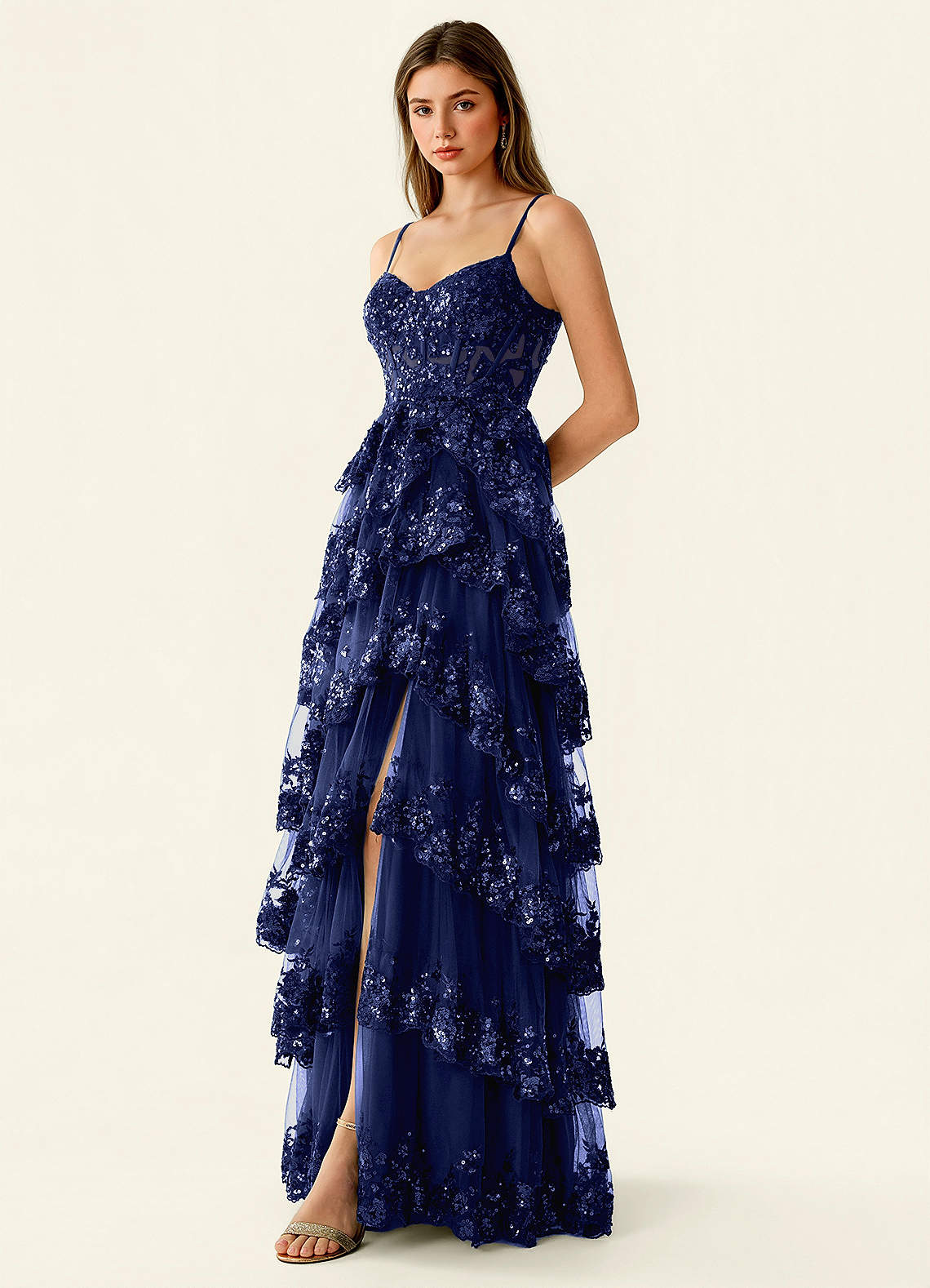 Tindra Dark Navy Sequins Ruffles Prom Dress | Azazie CA