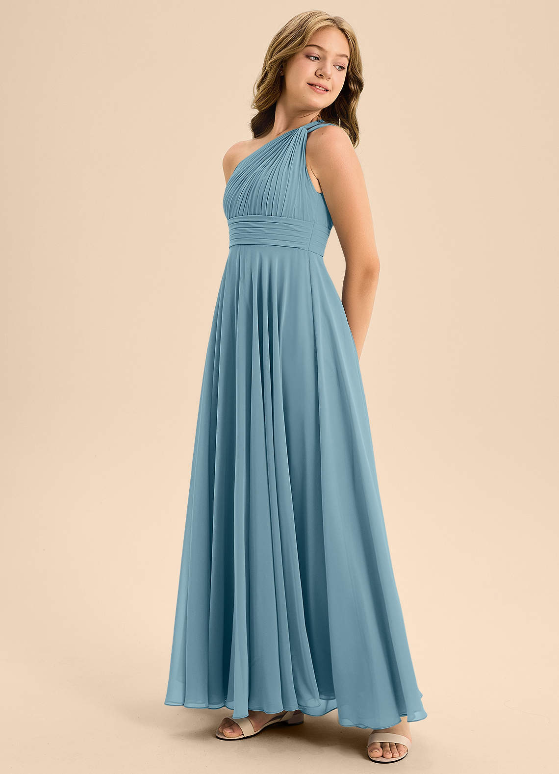 Azazie Charlize Junior Abito A-Line in Chiffon Plissettato Blu Lunatico image3