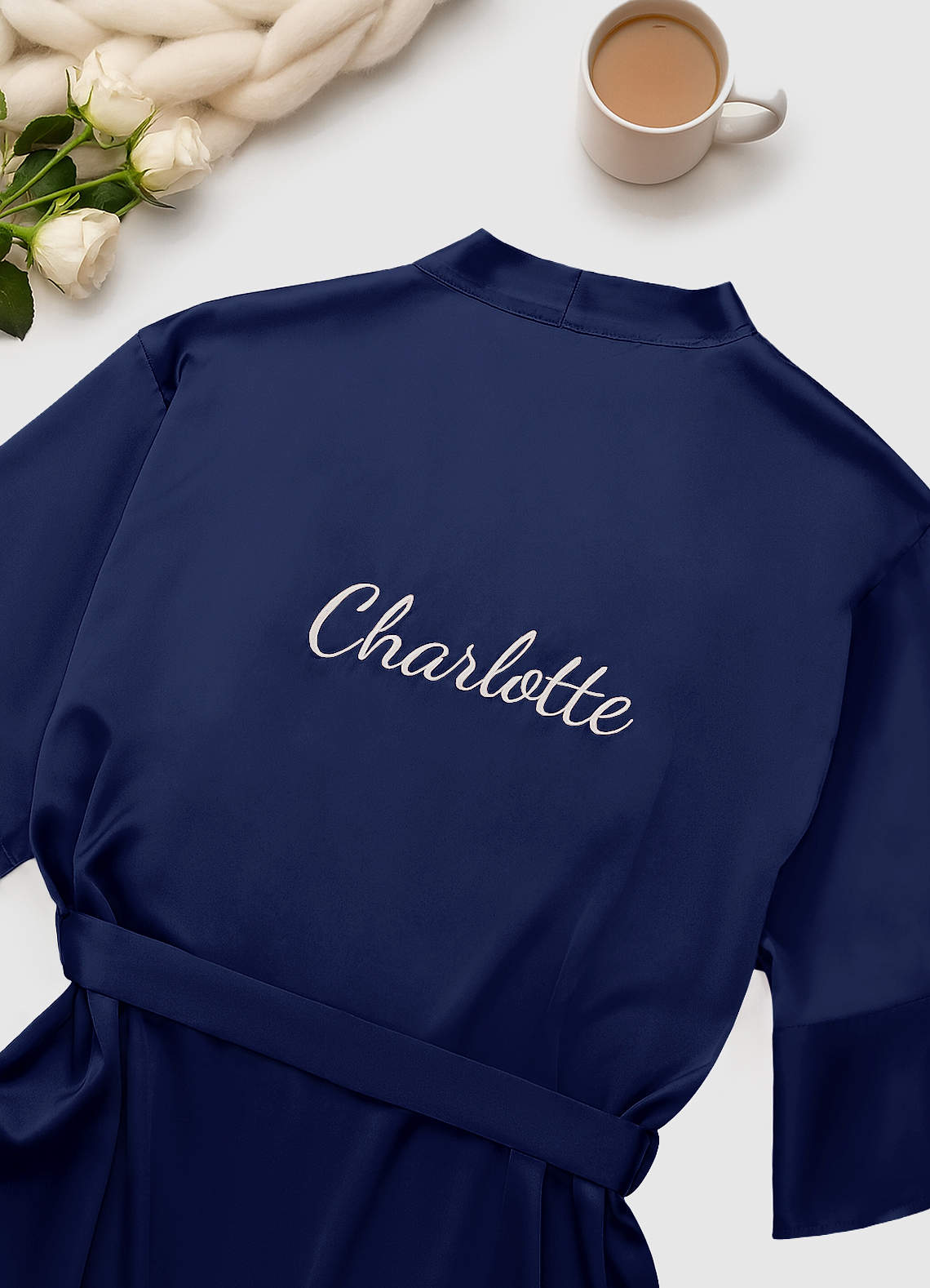 front Matching Color Personalized Embroidered Name 2-Piece Ruffle Satin Robe and Slip Set
