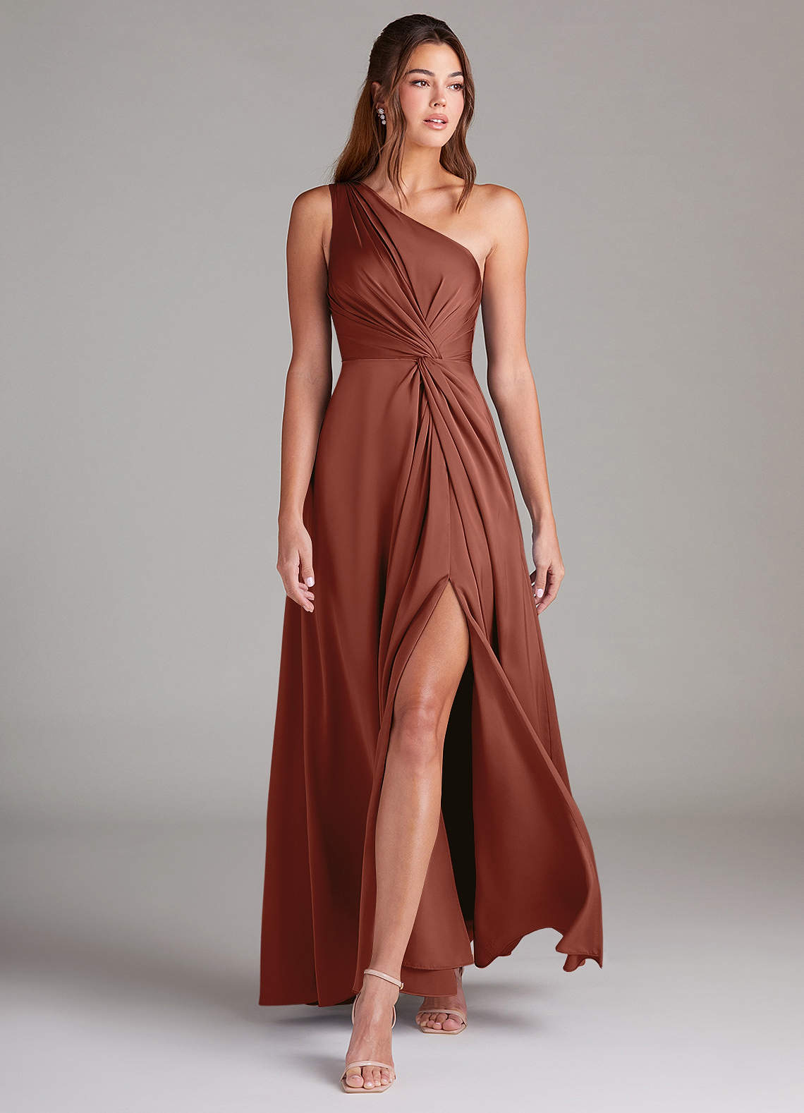 Azazie Brooke Bridesmaid Dresses Auburn A-Line One Shoulder Stretch Satin Dress image2