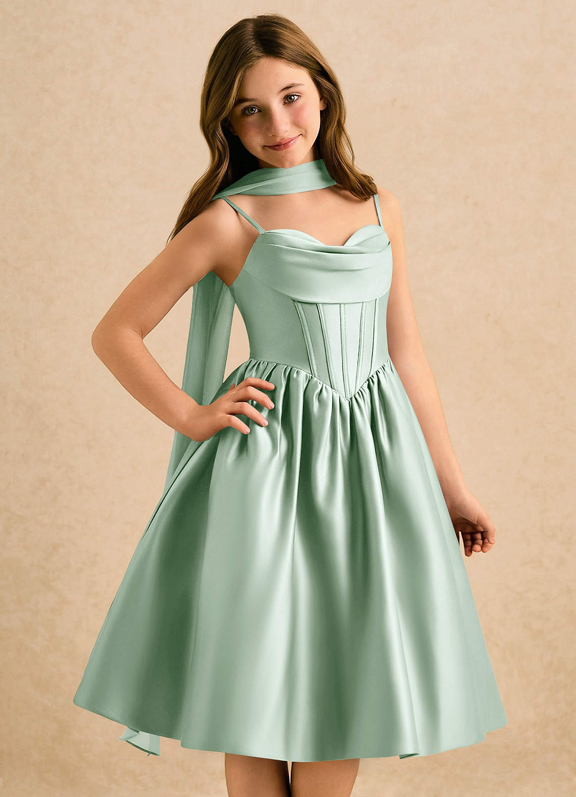 navy blue dress for baby girl AW Renee Dress, Sage Green Satin Charmeuse Tea Length Cowl Neckline  Bridesmaid Dresses