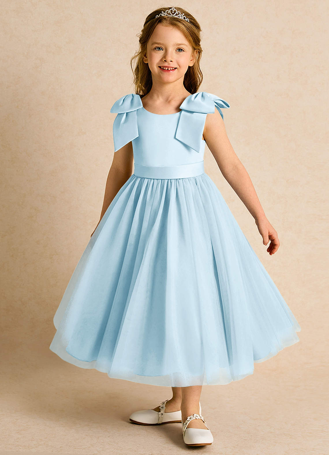 Azazie Serene Abiti da Ragazza di Fiori Abito Principessa in Raso Opaco Fiocco Azzurro image1