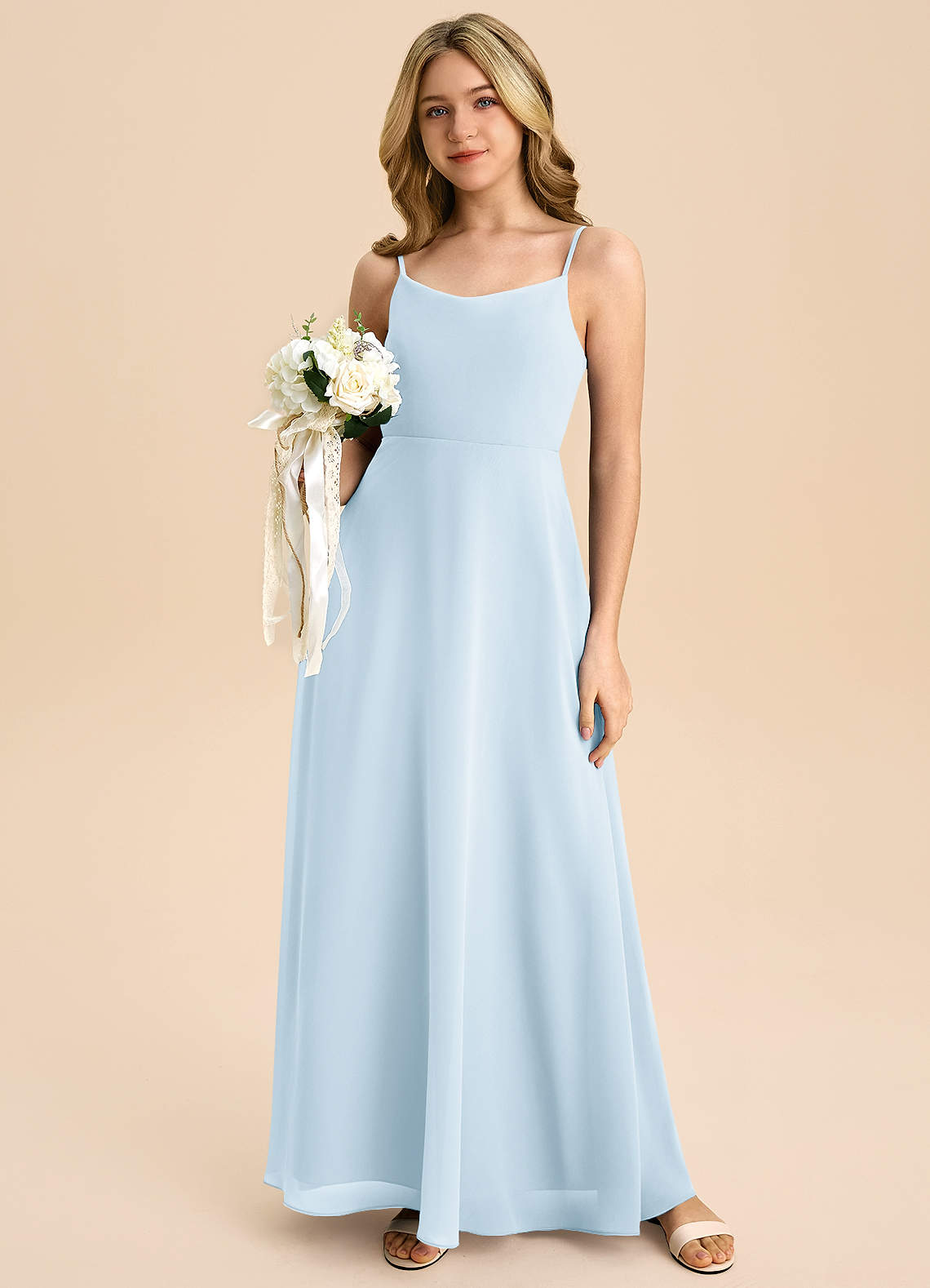 Azazie Shale Junior Sky Blue A-Line Bow Chiffon Dress image4