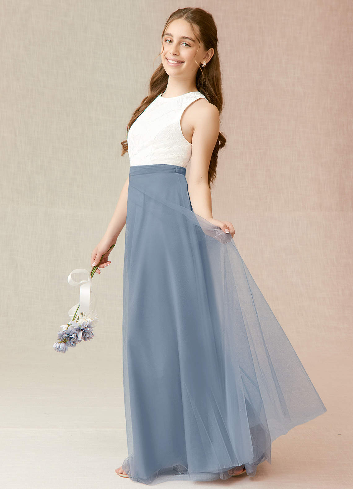 Azazie Albertine Junior Dusty Blue A-Line Lace Chiffon Dress image2