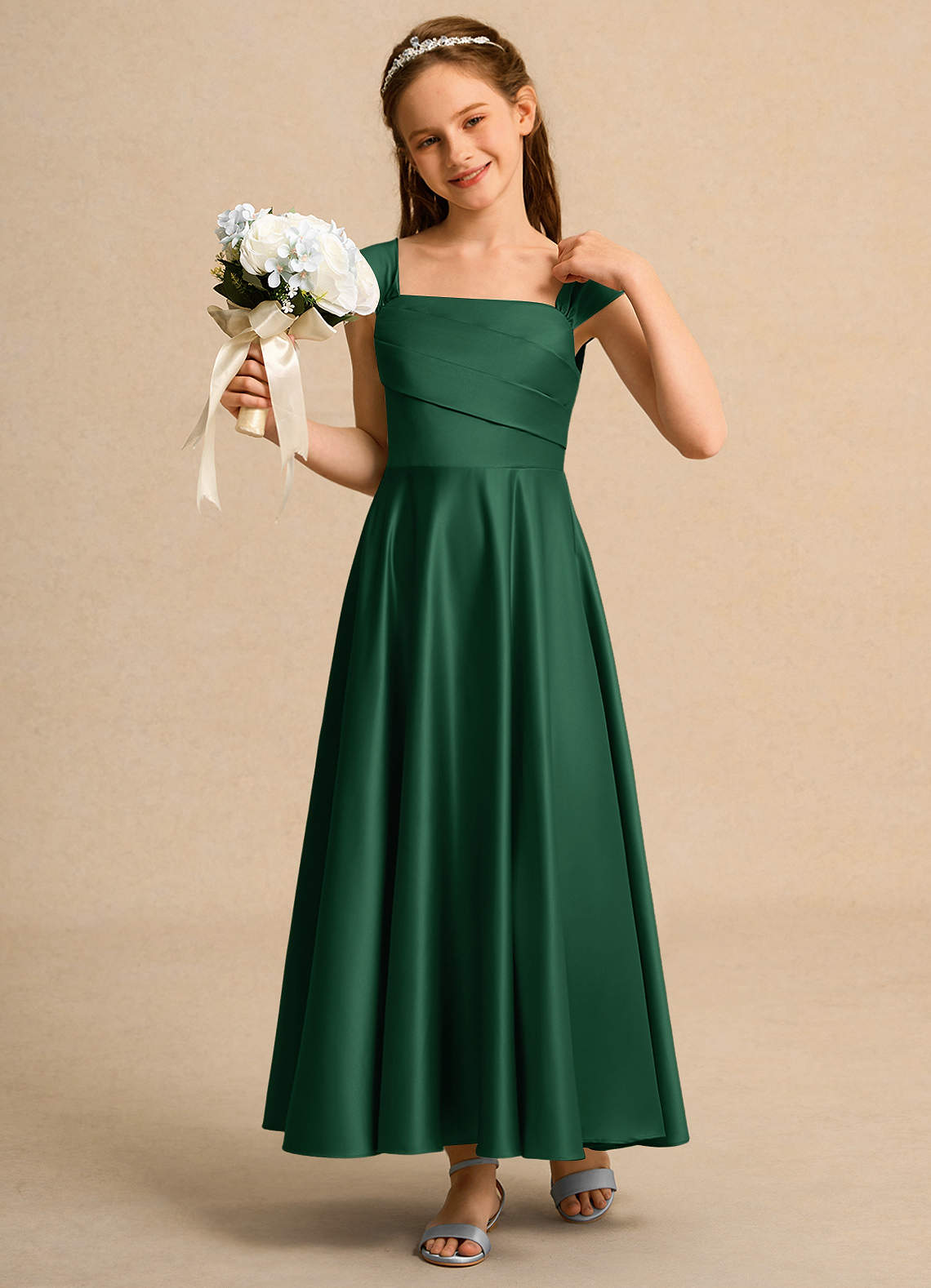 dark green girls dresses Azazie A-Line/Princess Square Neck Ankle-Length Matte Satin Flower Girl Dresses