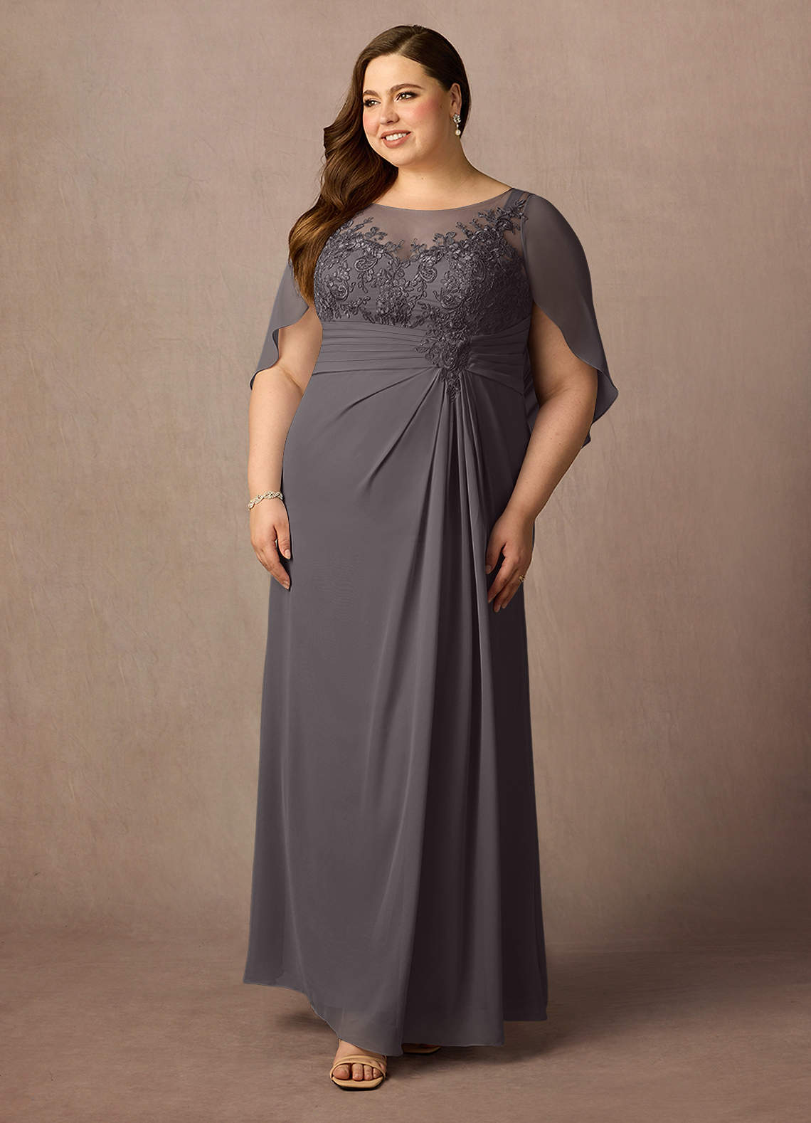 Azazie Hera Mother of the Bride Dresses Steel Grey A-Line Lace Capelet Chiffon Dress image8