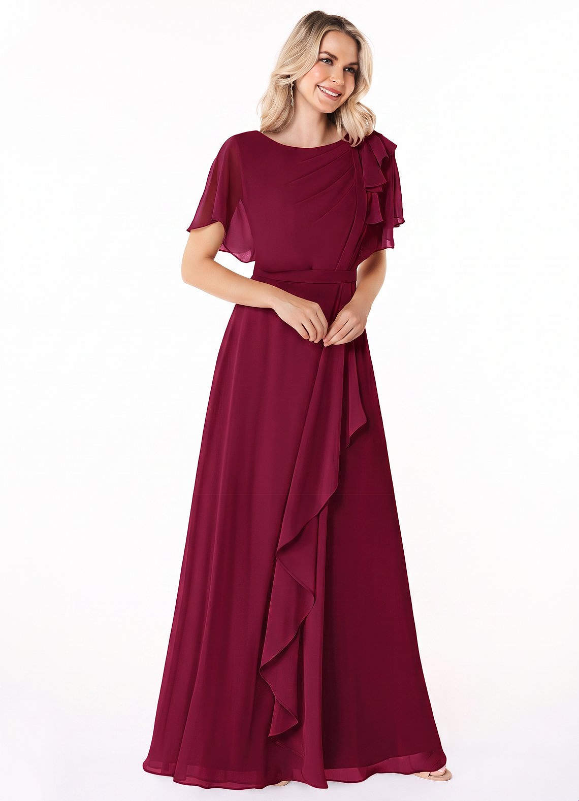 Azazie Aaliyah Modest Bridesmaid Dresses A-Line Scoop Pleated Chiffon Floor-Length Dress image2
