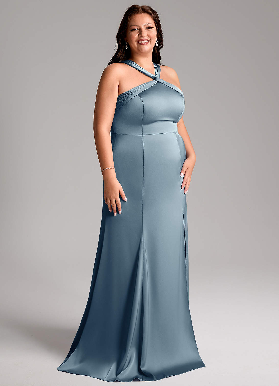 Azazie Rue Bridesmaid Dresses Dusty Blue A-Line Pleated Stretch Satin Dress image11