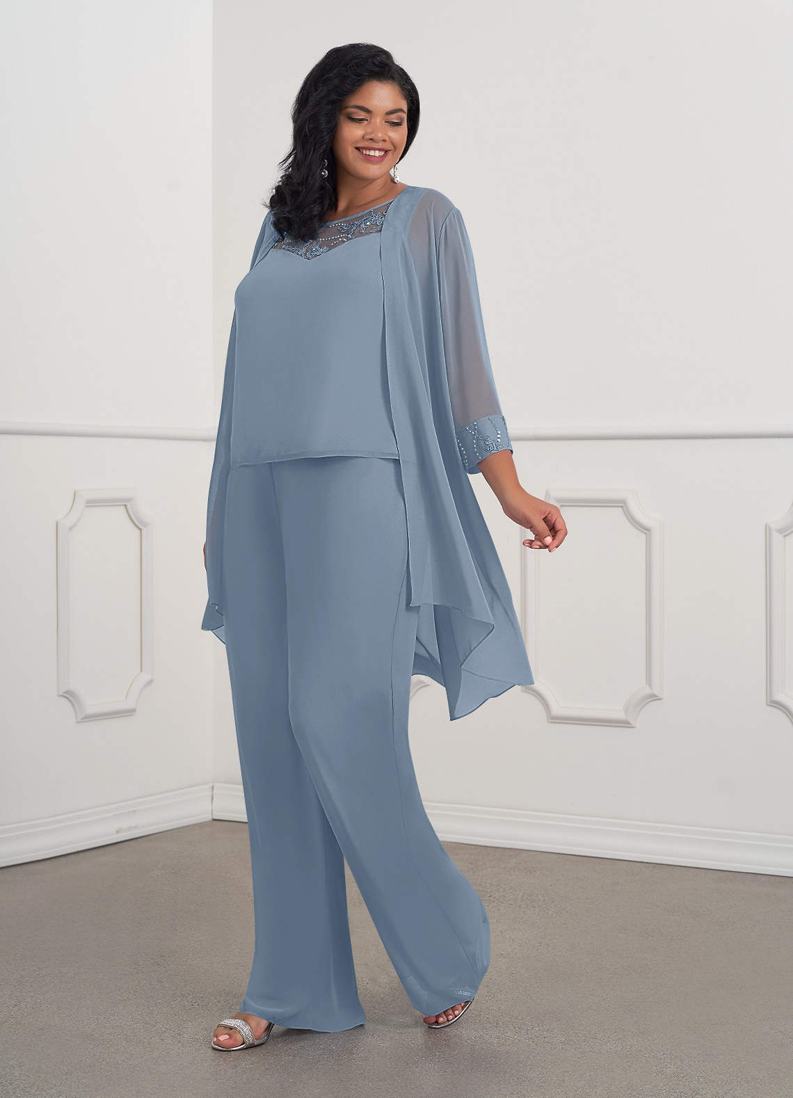 Azazie Maura Mother of the Bride Dresses Dusty Blue Jumpsuit/Pantsuit Sequins Chiffon Dress image2