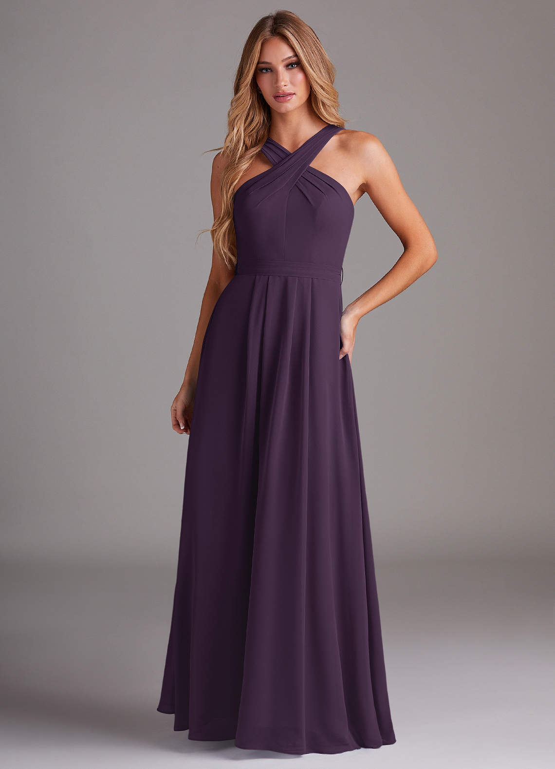 Azazie Dixie Bridesmaid Dresses Plum A-Line Halter Pleated Chiffon Dress image1