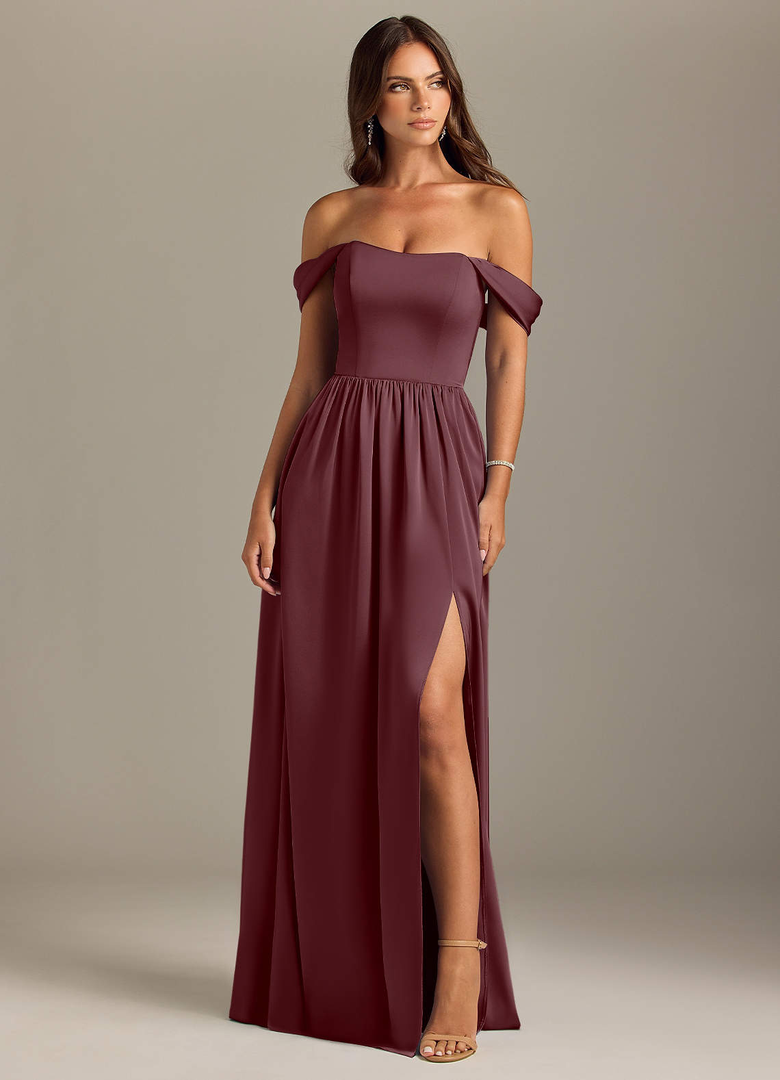 Azazie Calianna Bridesmaid Dresses Sangria A-Line Off the Shoulder Stretch Satin Convertible Dress image1