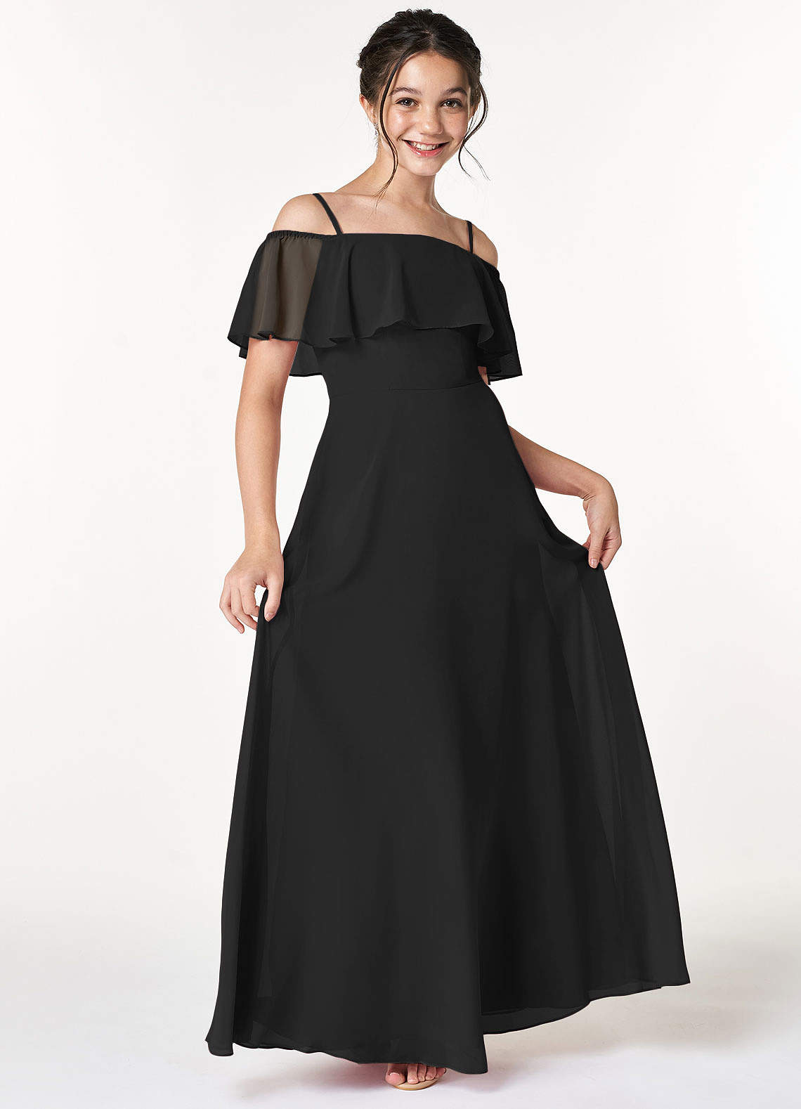 Azazie Maggie Junior Jurk van Chiffon met A-Lijn Off the Shoulder Zwart image1