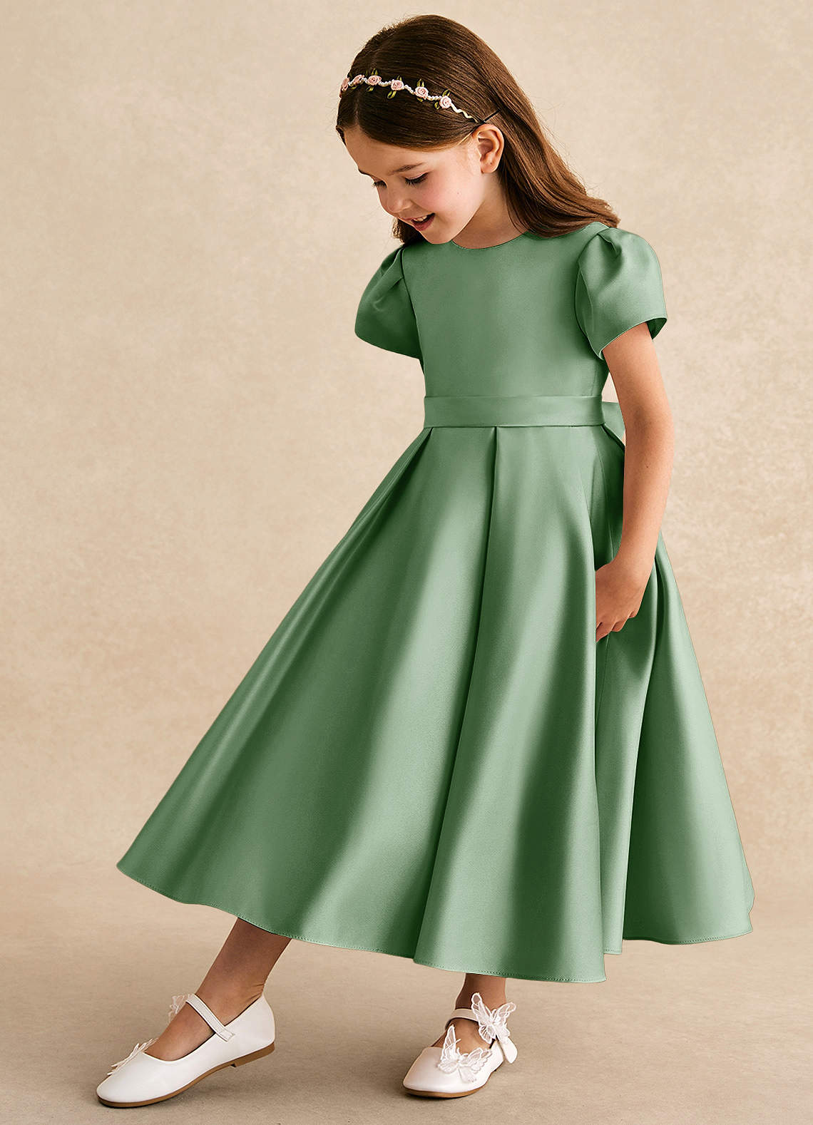 Azazie Princess Flower Girl Dresses Matcha A-Line Pleated Matte Satin Dress image1