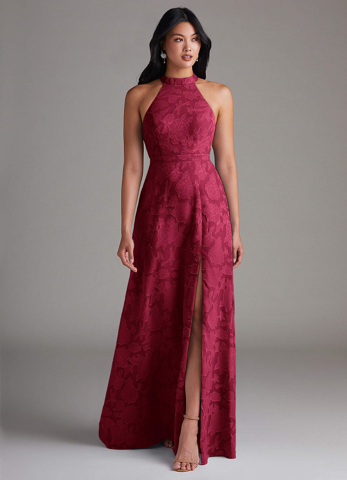 Azazie Clarice Jurken voor bruidsmeisjes Jurk van Bloemen Burn-out met A-Lijn Zijsplit Bourgondië image1