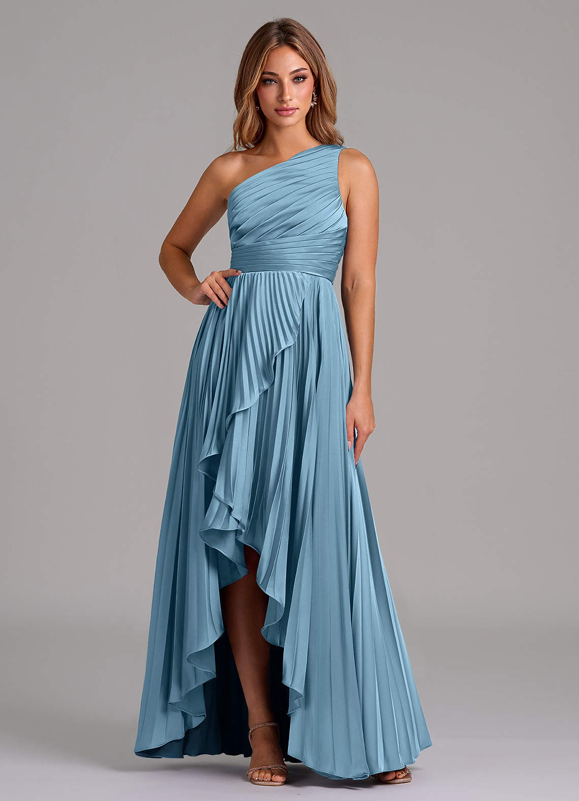 Azazie Lyrica Bridesmaid Dresses Steel Blue A-Line One Shoulder Stretch Satin Dress image1