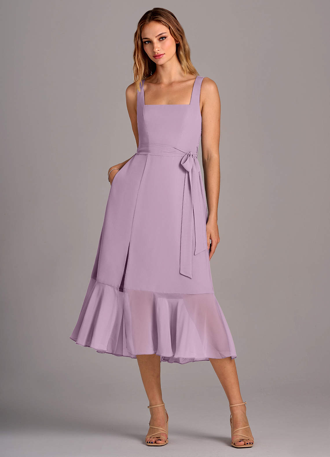 Azazie Deb Bridesmaid Dresses Wisteria A-Line with Pockets Chiffon Convertible Dress image1