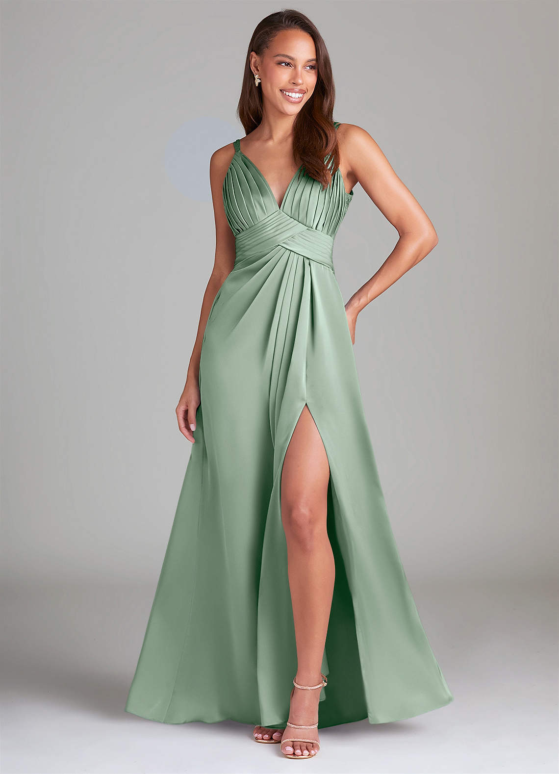 lace and satin bridesmaid dresses Azazie Maren Allure Satin Neckline Color:Grey Green SCY000388_SB_M Black Pumps Heels -