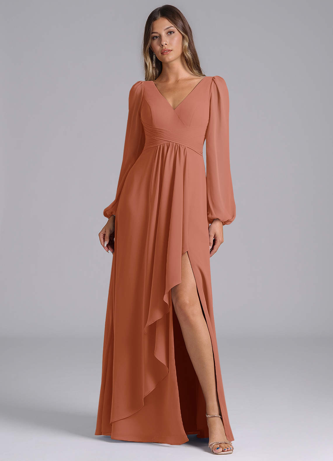 Azazie Liah Bridesmaid Dresses MAI TAI A-Line Long Sleeve Chiffon Dress image1