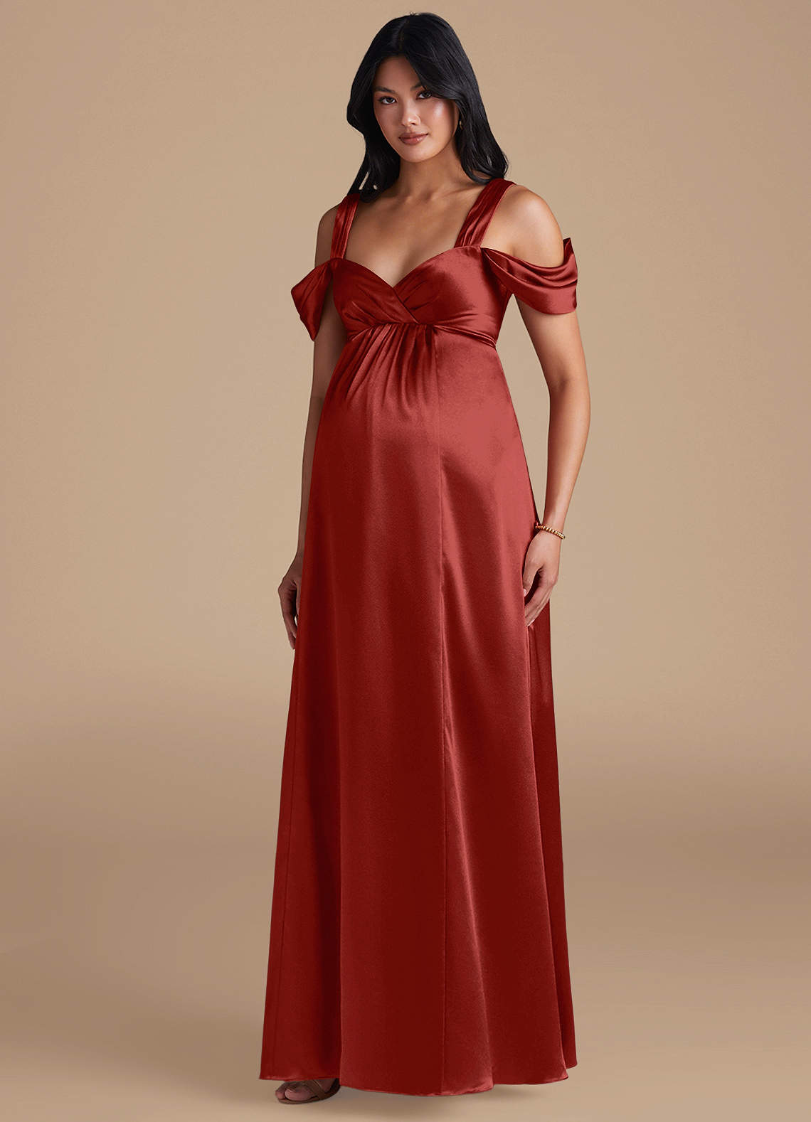 Azazie Rhea Maternity Bridesmaid Dresses A-Line Pleated Metallic Satin Floor-Length Dress image1
