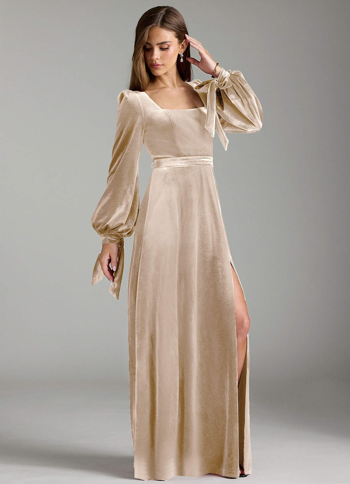 Azazie Leonia Ready to Ship Champagne Velvet Bridesmaid Dresses | Azazie
