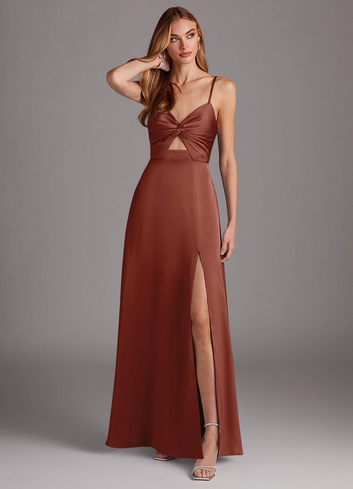 Azazie Jenna Brautjungfernkleider A-Linie Plissee Stretch-Satin Kleid Rotbraun image1