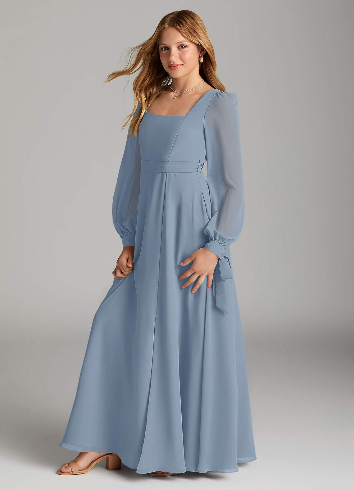 Azazie Leonia Junior Dusty Blue A-Line with Pockets Chiffon Dress image3