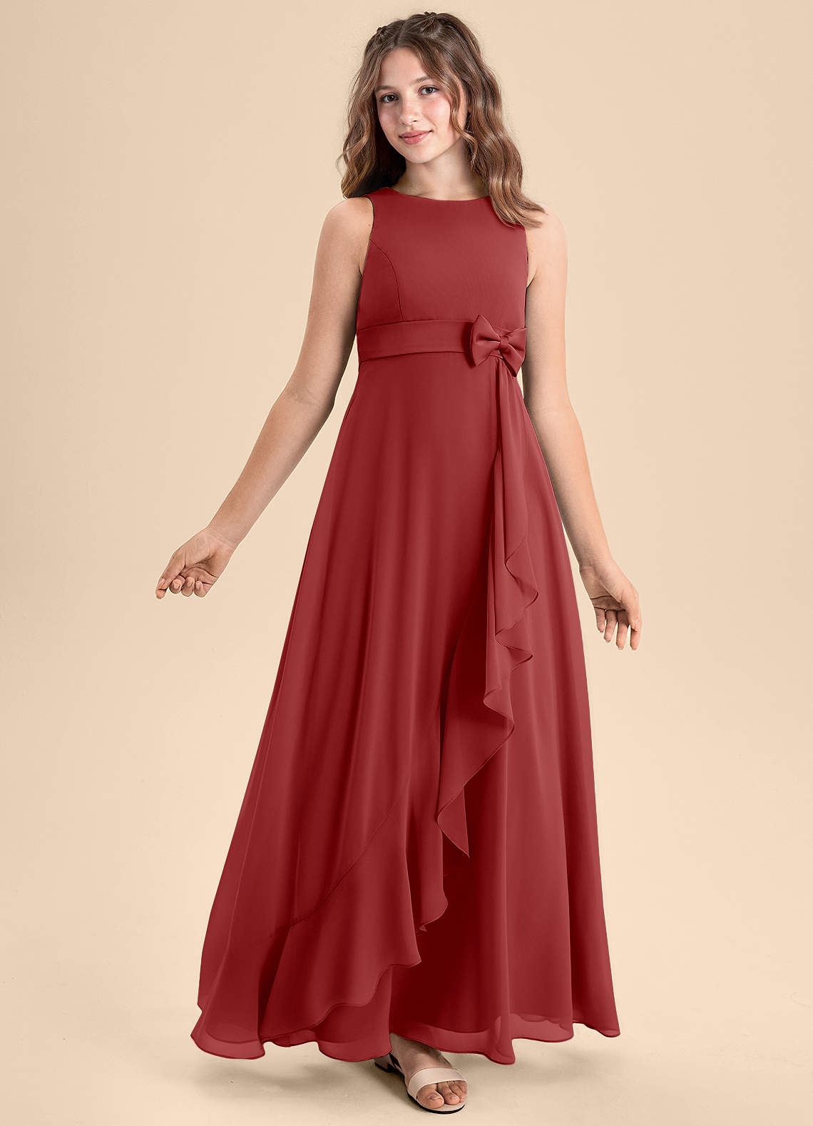 Azazie Lilenne Junior Vestido de Óxido de Gasa de Corte En A con Lazo image1