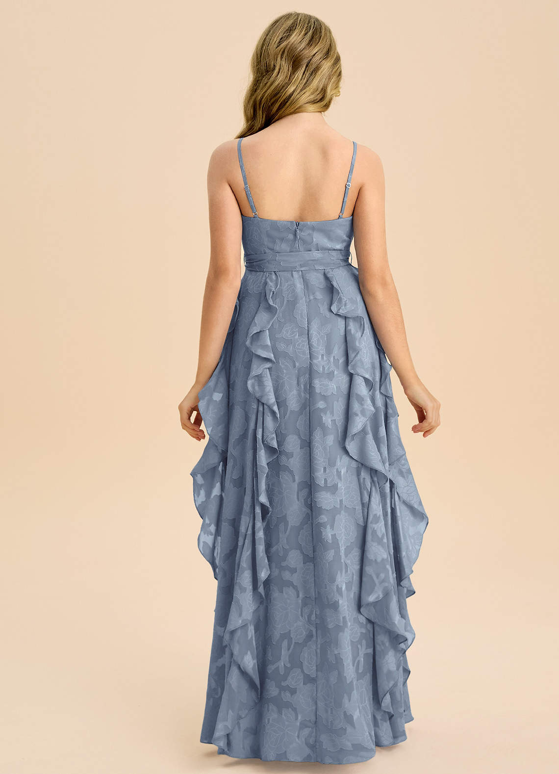 Azazie Peyton Junior Dusty Blue A-Line Pleated Floral Burnout Dress image6