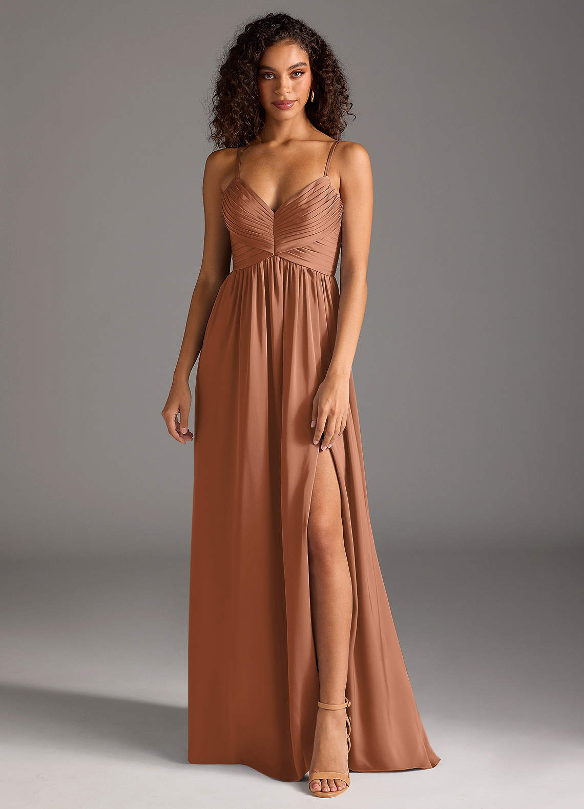 Azazie Alia Bridesmaid Dresses Bronzer A-Line Pleated Stretch Satin Dress image1