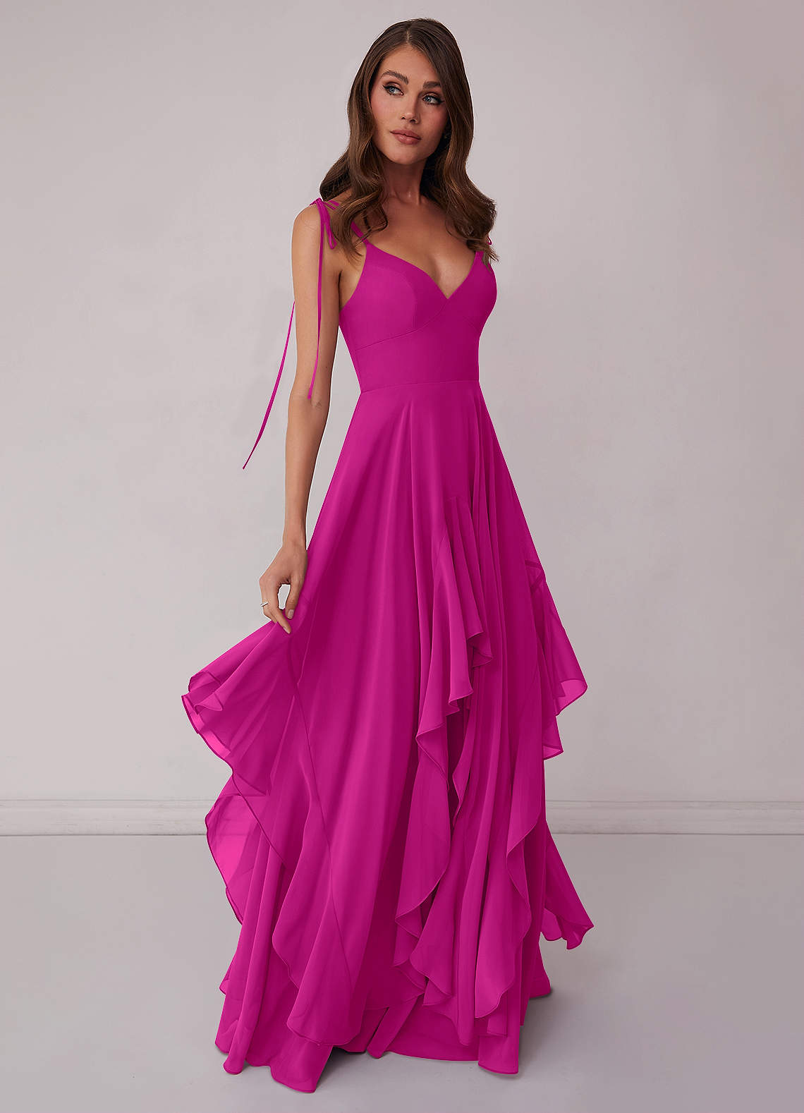 fuchsia flowy dress Sheath Flowy Long Sleeves Waisted Zip Back Chiffon Bridesmaid Dress main image 1