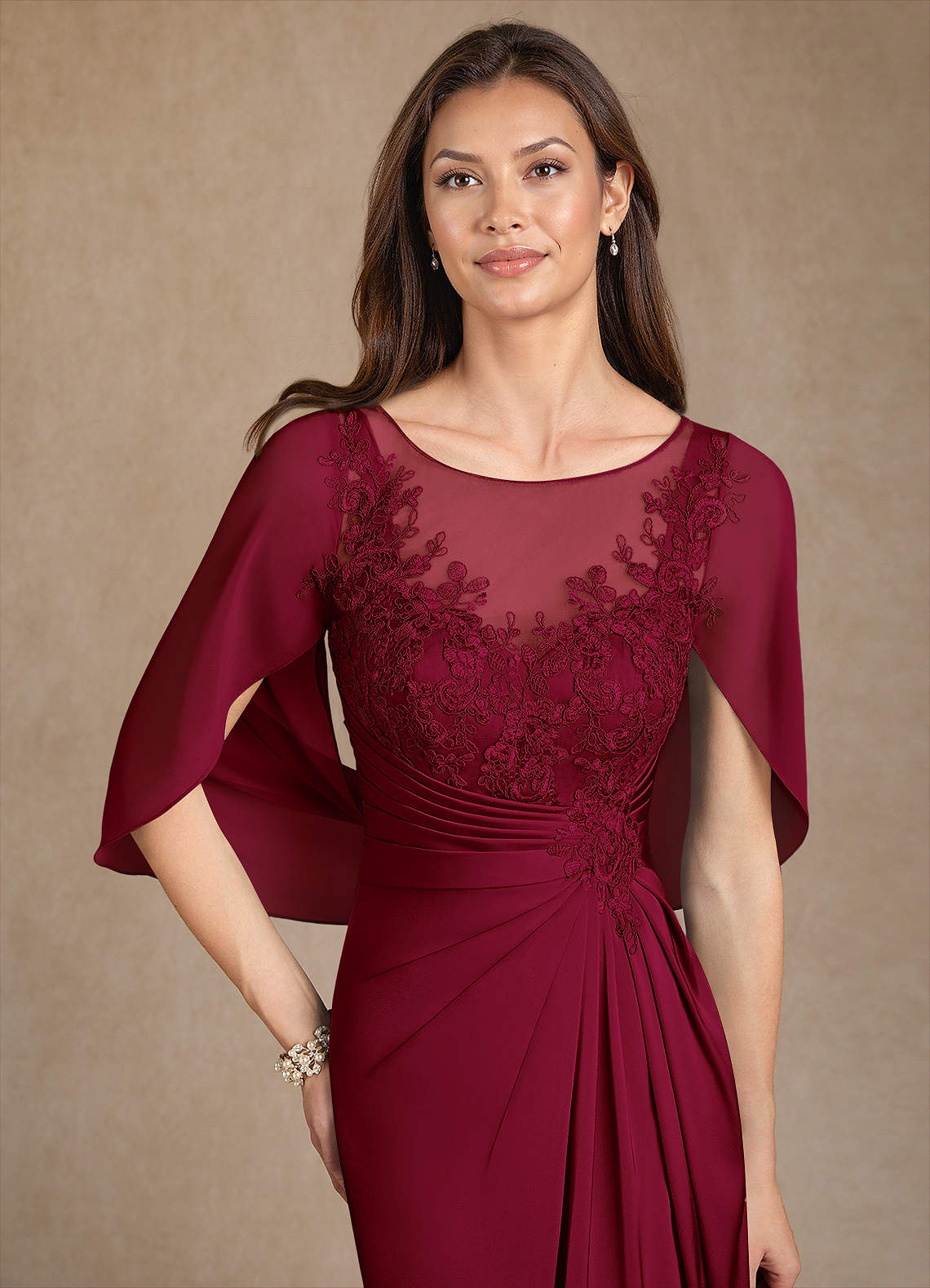 Azazie Hera Mother of the Bride Dresses Burgundy A-Line Lace Stretch Satin Dress image4