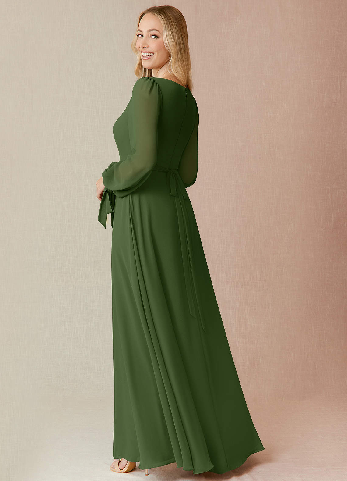 Azazie Leonia Bridesmaid Dresses Olive A-Line Long Sleeve Chiffon Dress image1