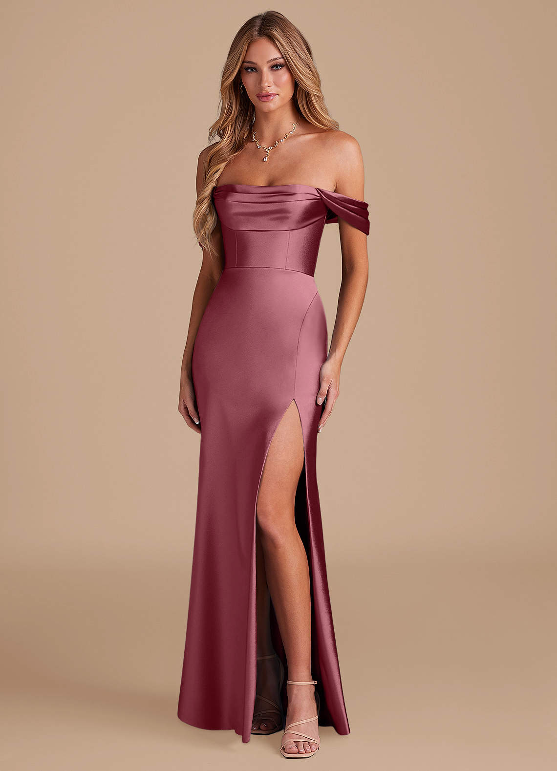 Azazie Saige Bridesmaid Dresses Desert Rose A-Line Off the Shoulder Metallic Satin Convertible Dress image1