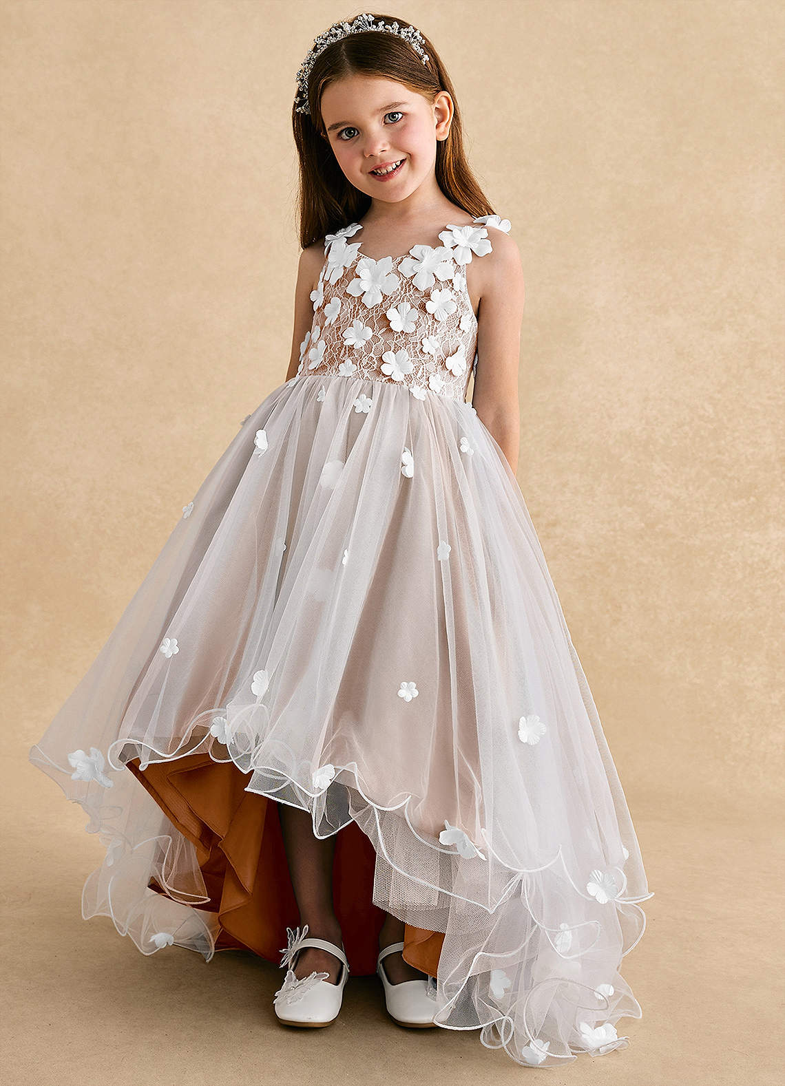 Azazie Celia Flower Girl Dresses Champagne Rose A-Line Lace Tulle Dress image5