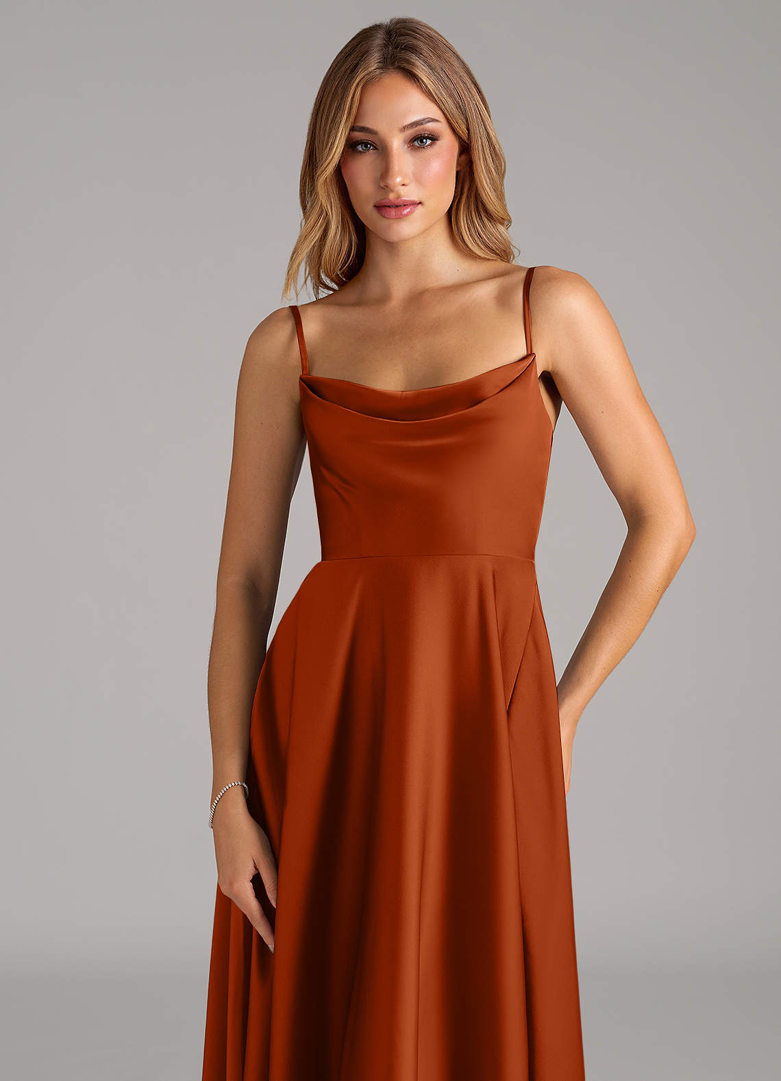 Azazie A-Line Cowl Neck Floor-Length Stretch Satin Bridesmaid Dresses - Burnt Orange Azazie A-Line Cowl Neck Floor-Length Stretch Satin Bridesmaid Dresses - Burnt Orange