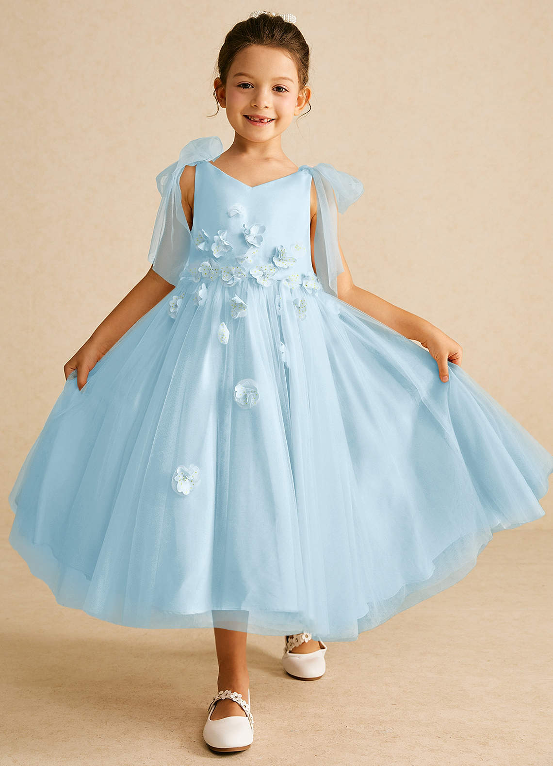 Azazie Minia Flower Girl Dress Matte Satin Sky Blue Size UK 2