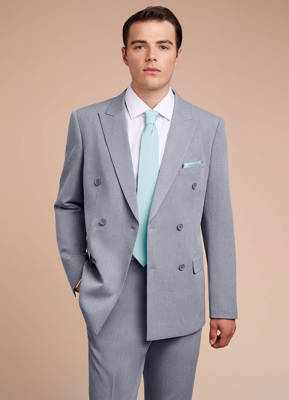 front Collins Grey Double Breasted Wool Blend Suit Jacket