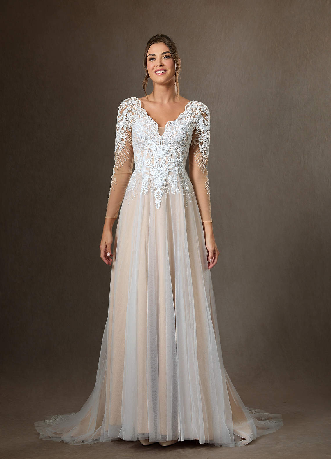 Azazie Essy Wedding Dresses Diamond White Champagne A-Line V-Neck Sequins Tulle Dress image3