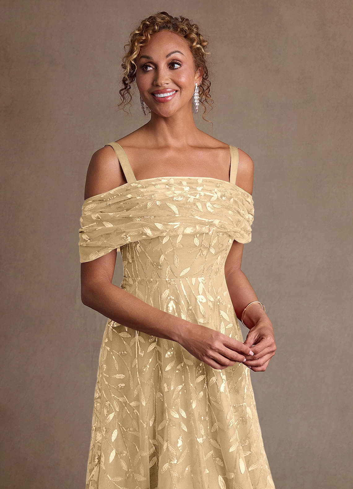 Azazie Sidney Champagne A-Line Off the Shoulder Lace Dress Ready