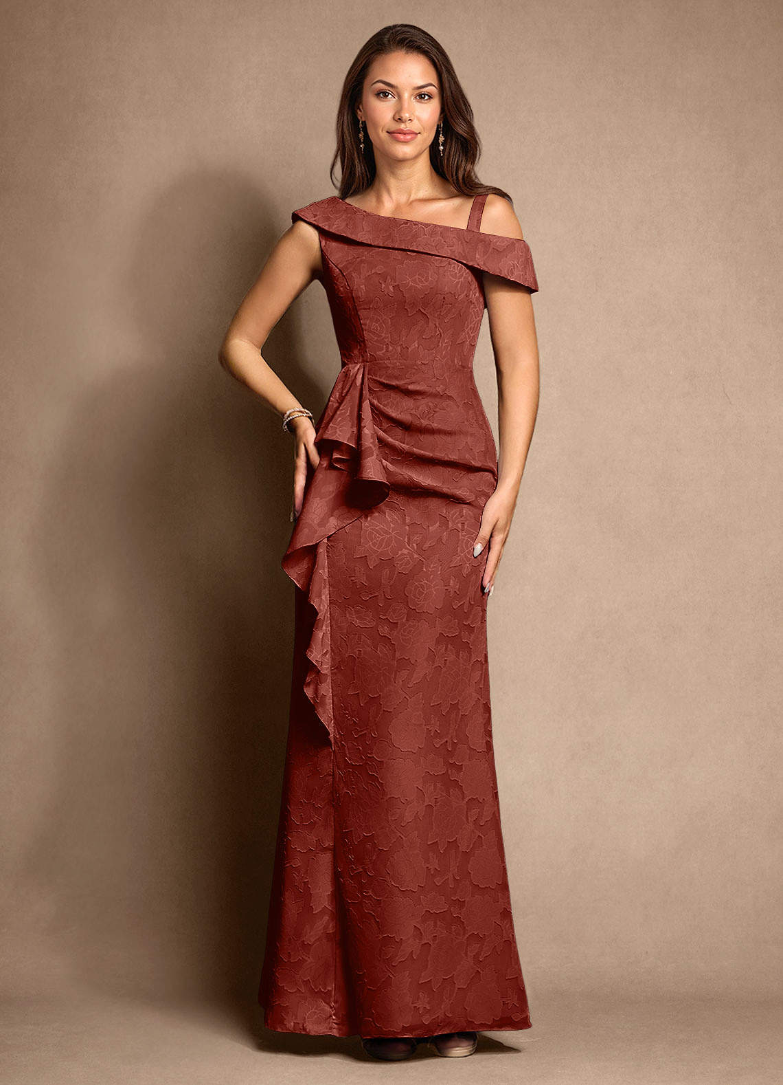 Azazie Hamptons vestidos de madre de la novia Vestido de Terracota de Devorado Floral de Corte En A con Plisado image5