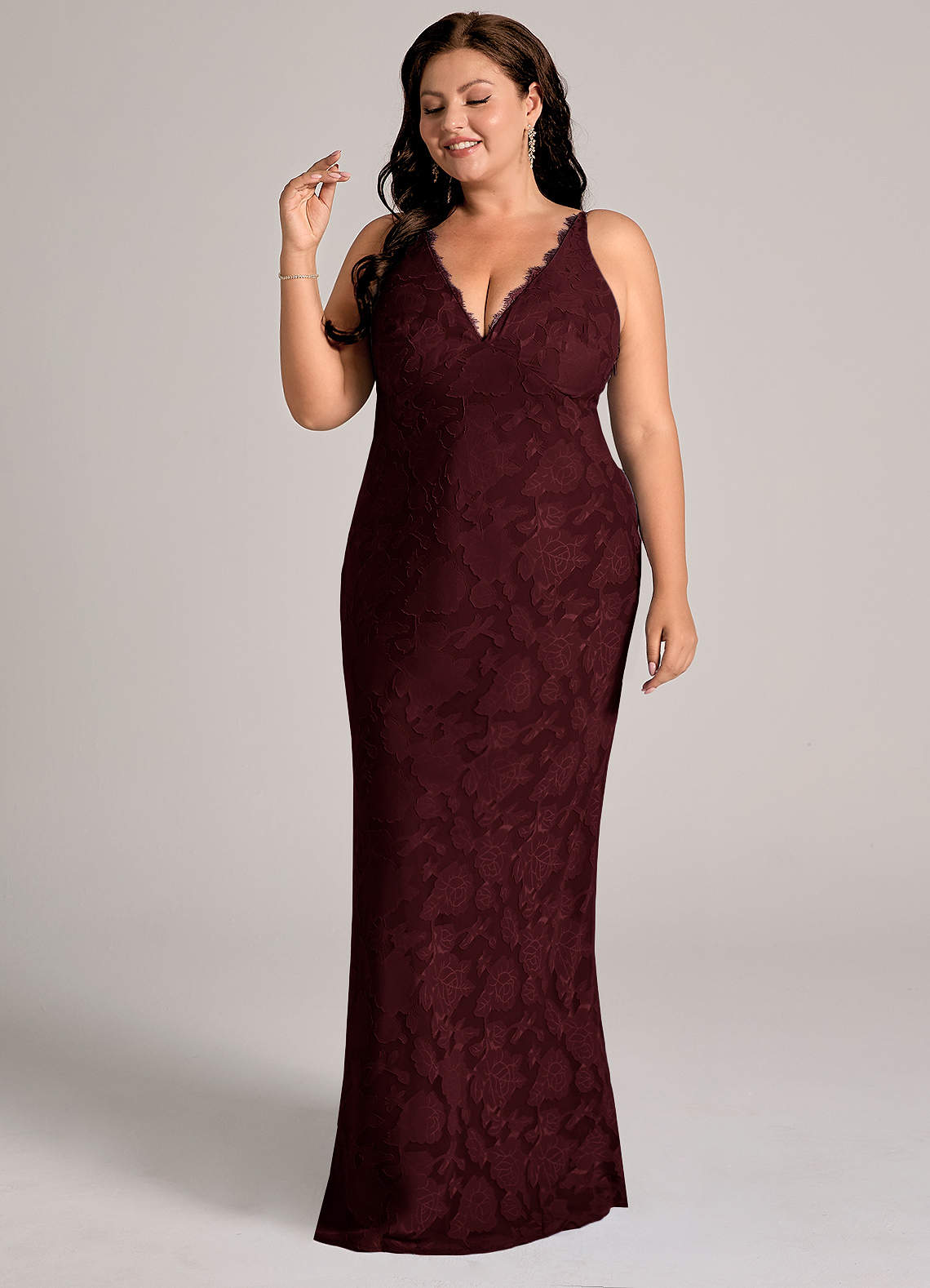 Azazie Tianna Bridesmaid Dresses Cabernet Sheath Lace Floral Burnout Dress image9
