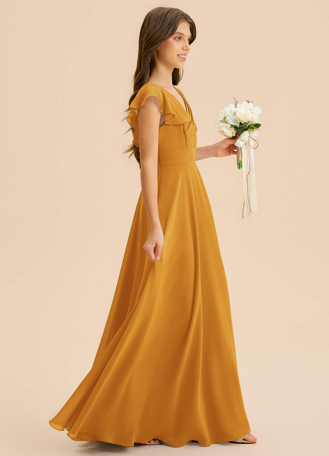 Azazie Anysa Junior Robe Trapèze en Mousseline de soie Rayé Caramel écossais image3