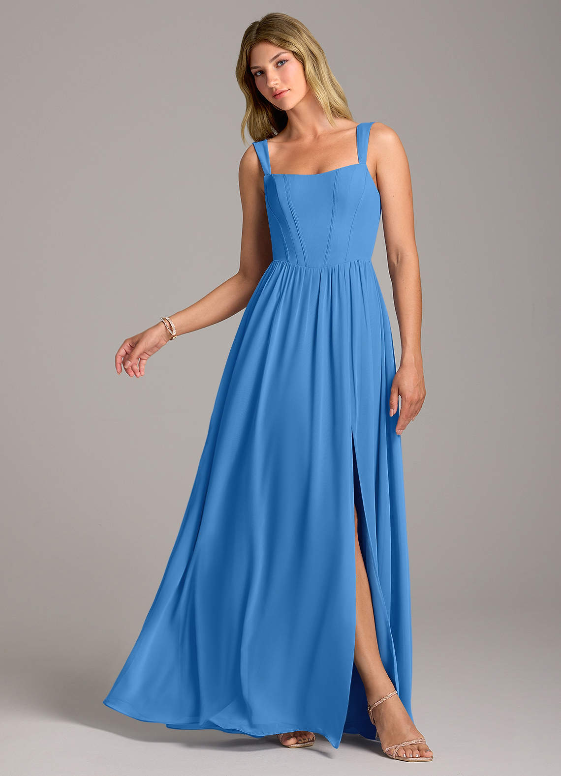 Azazie Rosaline Abiti da Damigella Abito A-Line in Chiffon Spacco Laterale Blue Jay image1