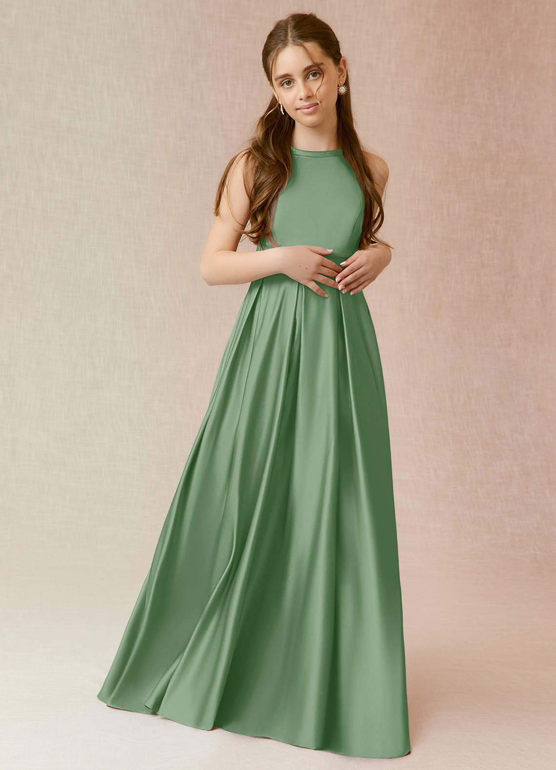 Azazie Arianthe Junior Matcha A-Line with Pockets Matte Satin Dress image1
