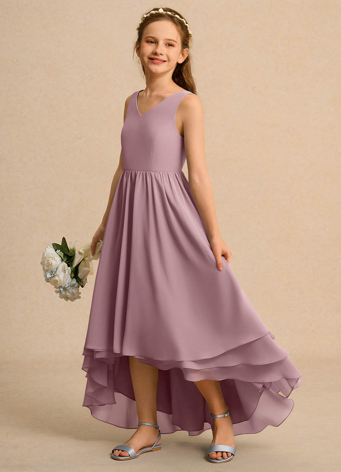 Azazie Kitten Girl Jurken voor bloemenmeisjes A-Lijn Jurk van Chiffon Stoffige Roos image1