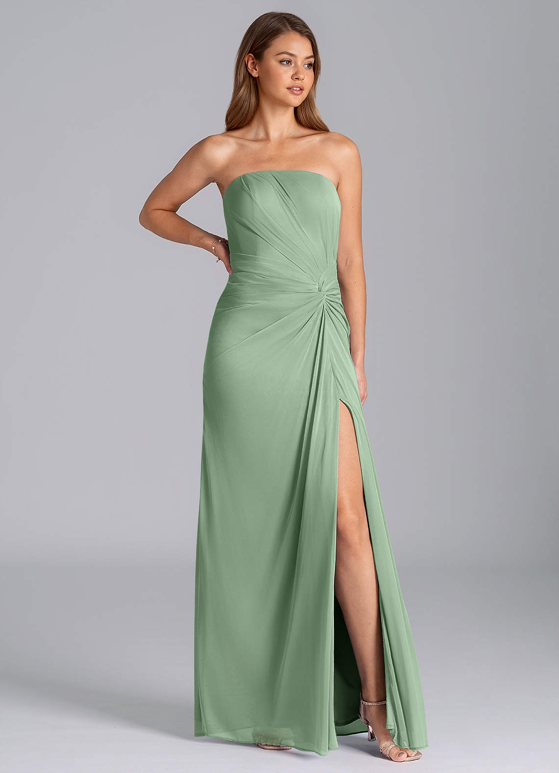 Azazie Mariya Jurken voor bruidsmeisjes Jurk van Mesh met Zeemeermin Strapless Matcha image1