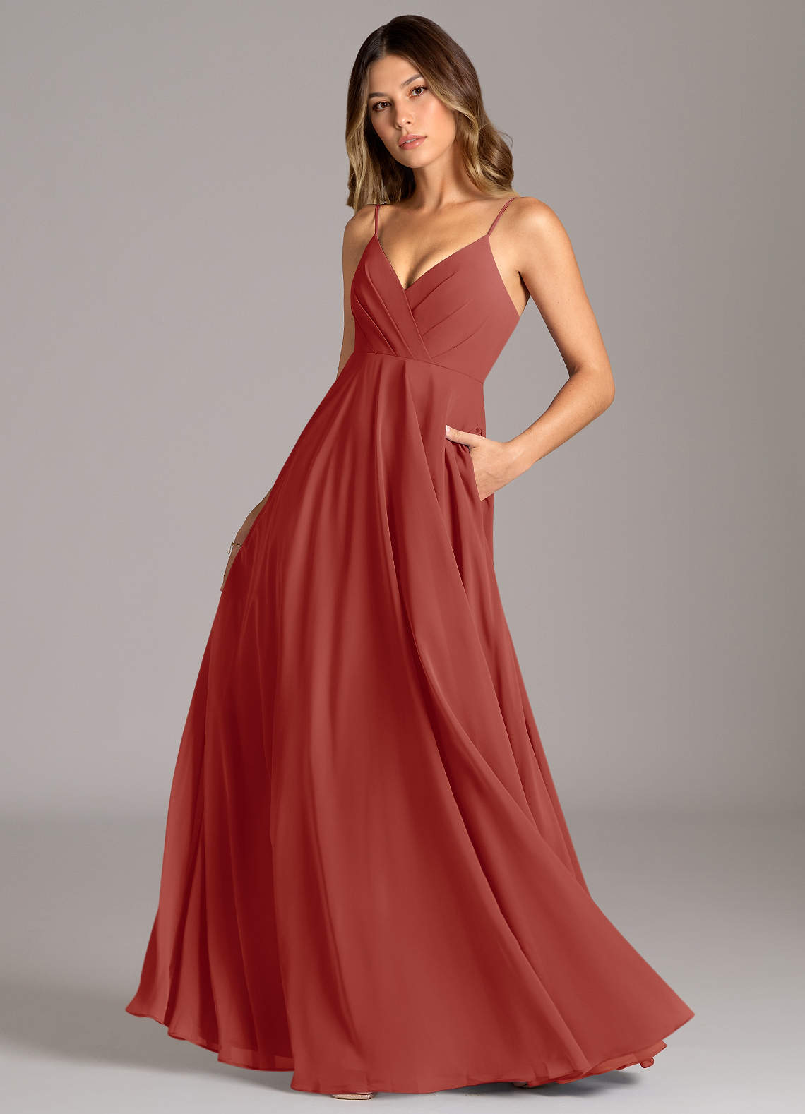 Azazie Amani Brautjungfernkleider A-Linie Plissee Chiffon Kleid Terrakotta image1