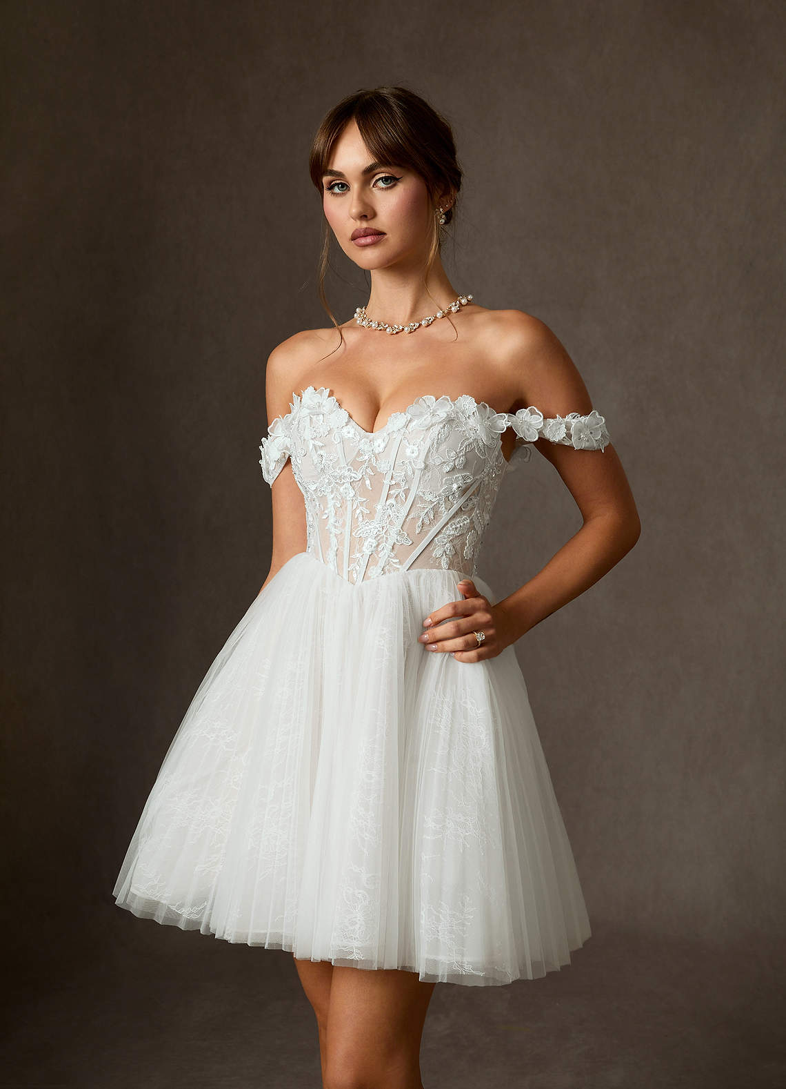 Azazie Sorel Wedding Dresses Diamond White Ball-Gown Off the Shoulder Lace Dress image5