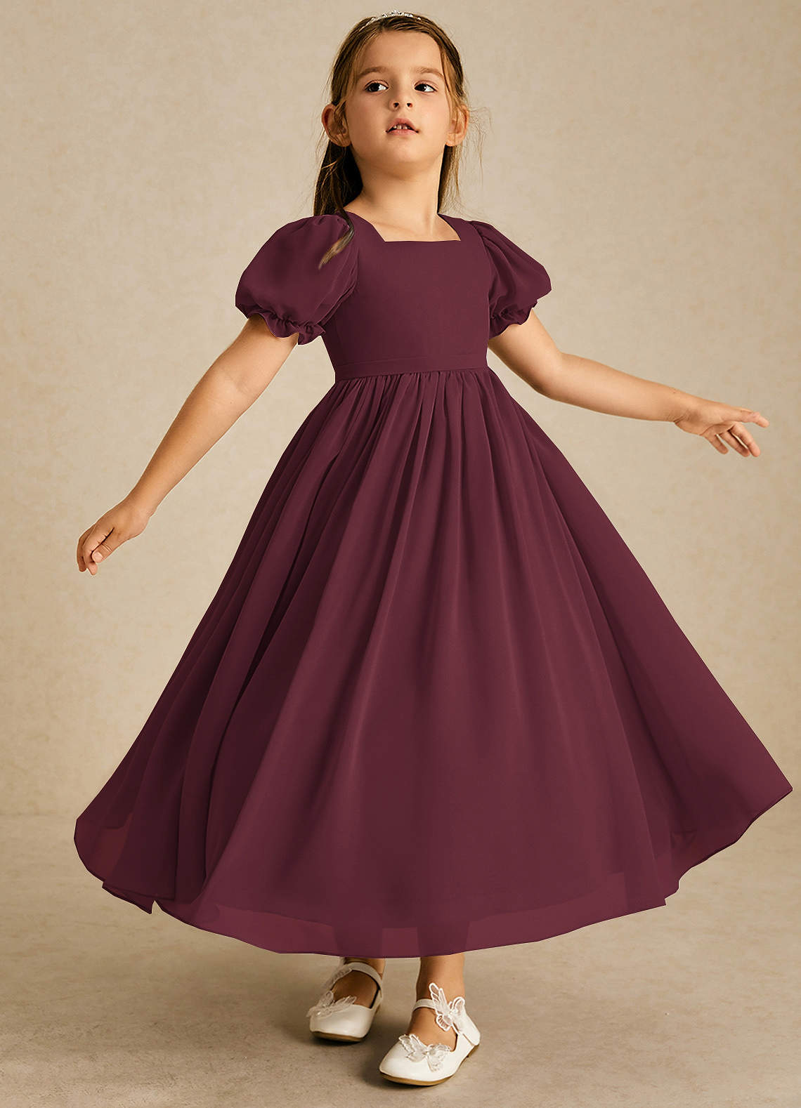 Azazie Joss Flower Girl Dresses Cabernet A-Line with Sleeves Chiffon Dress image2